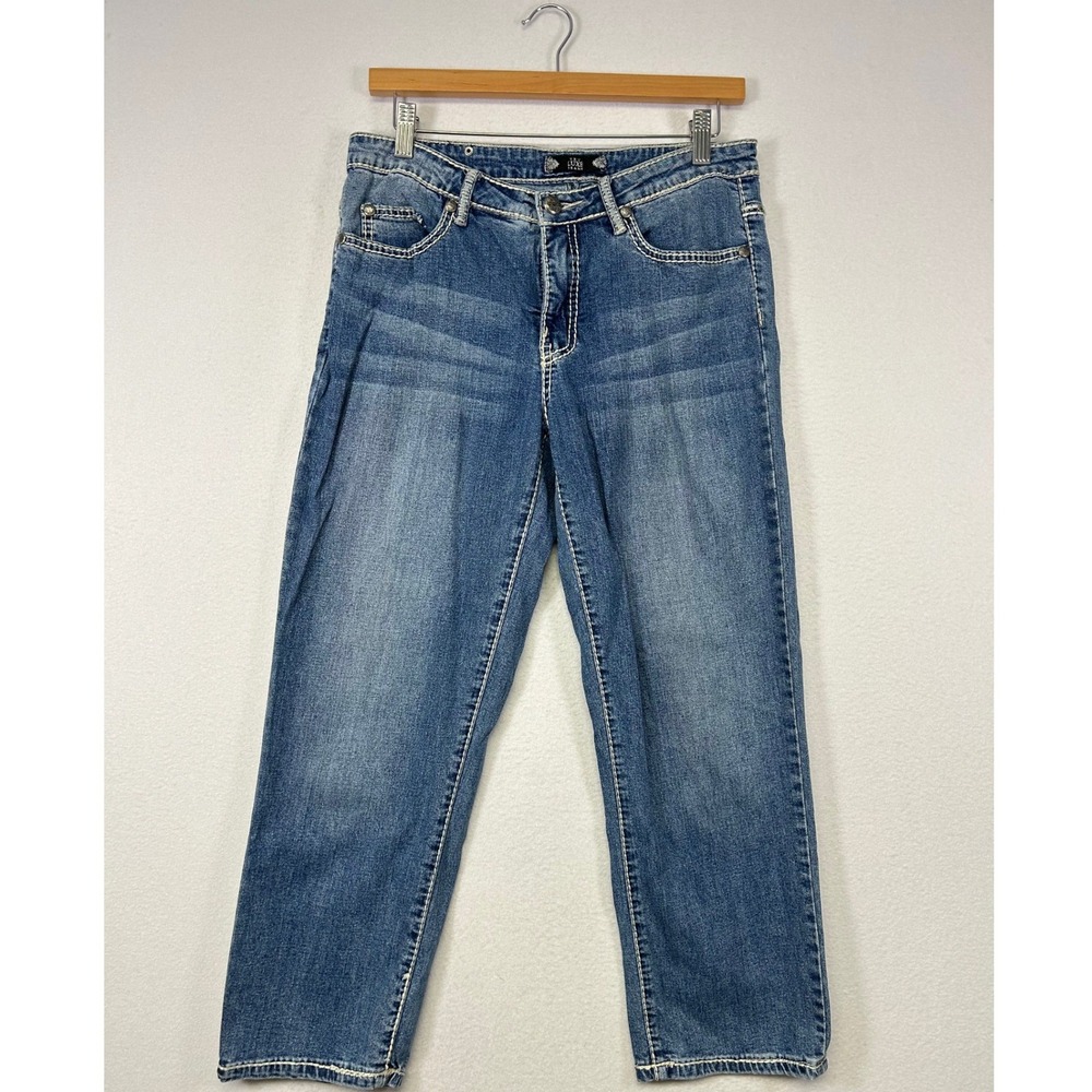 Western Boho Tru Luxe Women 28/6 Blue Embellished Thick Stitch Straight Leg Jean